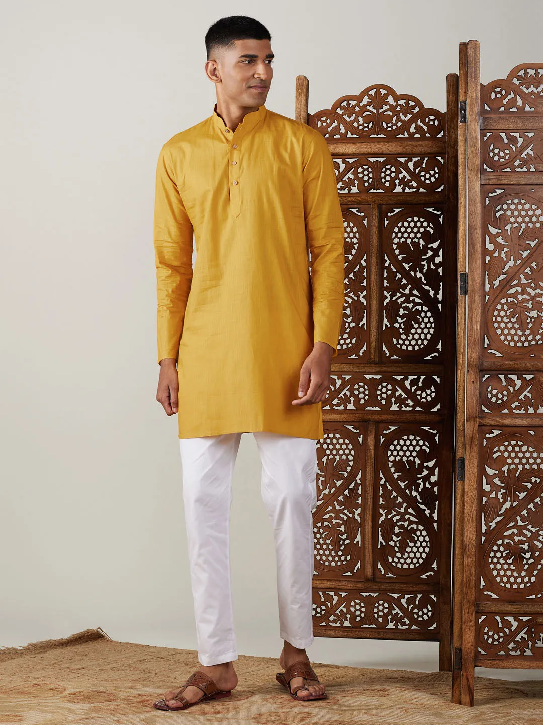 Vastramay Mustard Cotton Kurta With White Pant