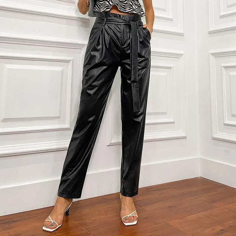 Waist Paperbag Belted Pu Leather Pants