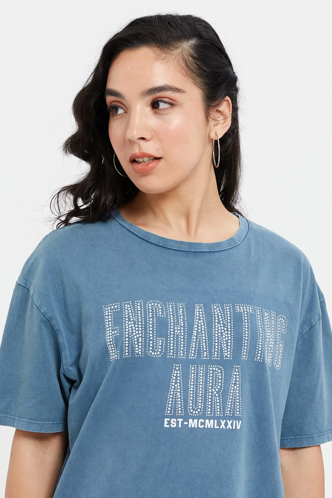 Women Blue Acid Wash Printed T-Shirt