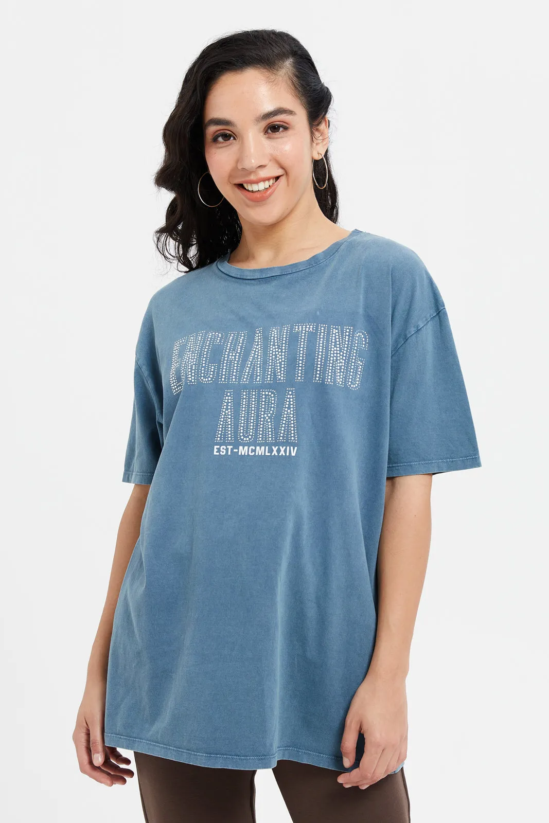 Women Blue Acid Wash Printed T-Shirt