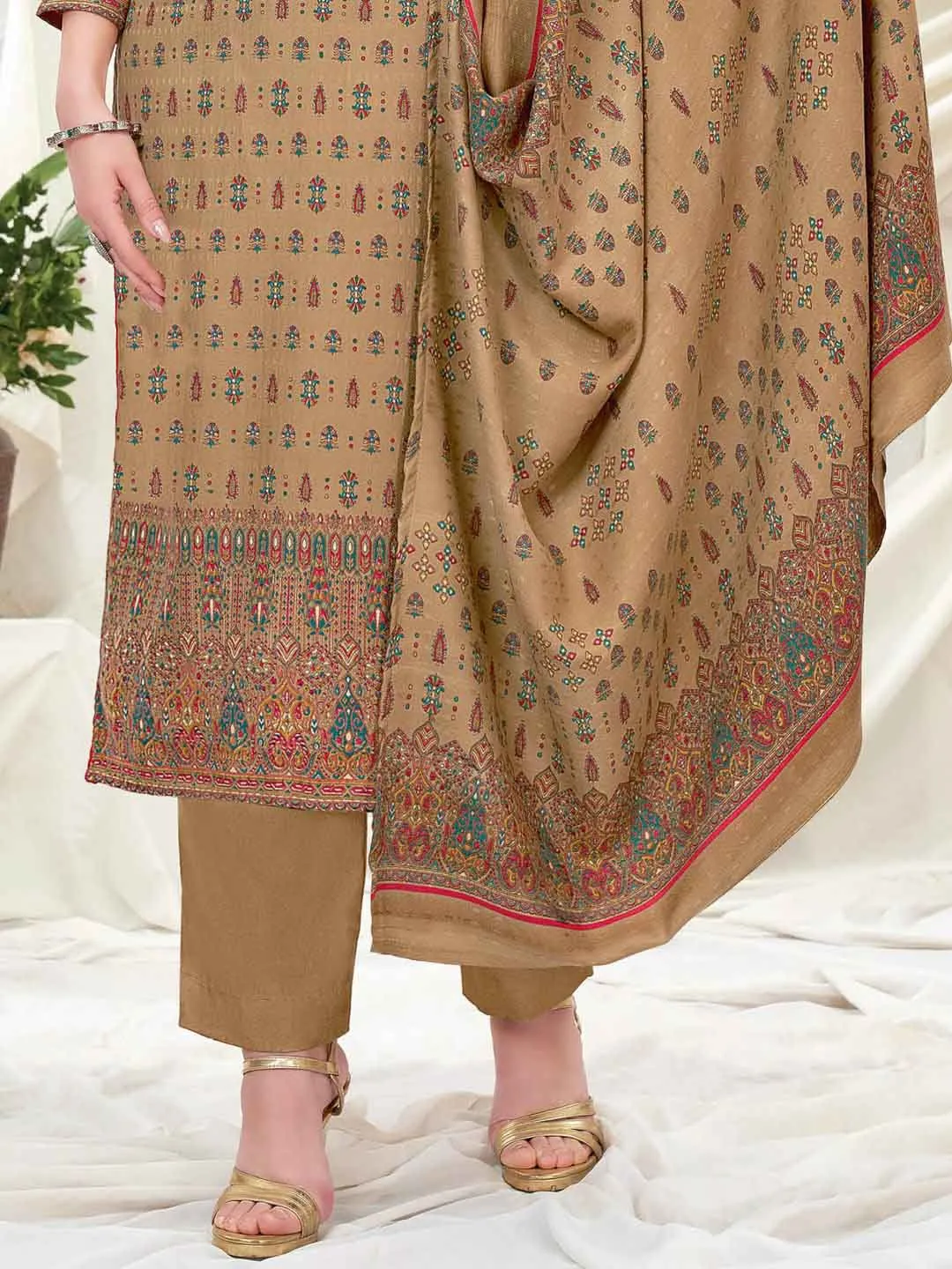 Wool Pashmina Brown Printed Unstitched Suit Set