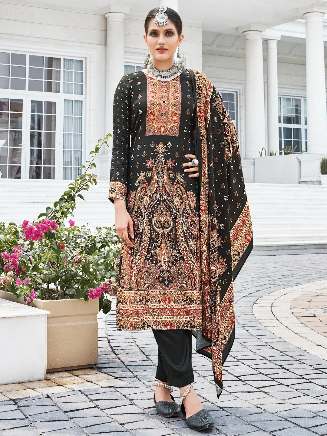 Woolen Pashmina Printed Unstitched Black Winter Suits