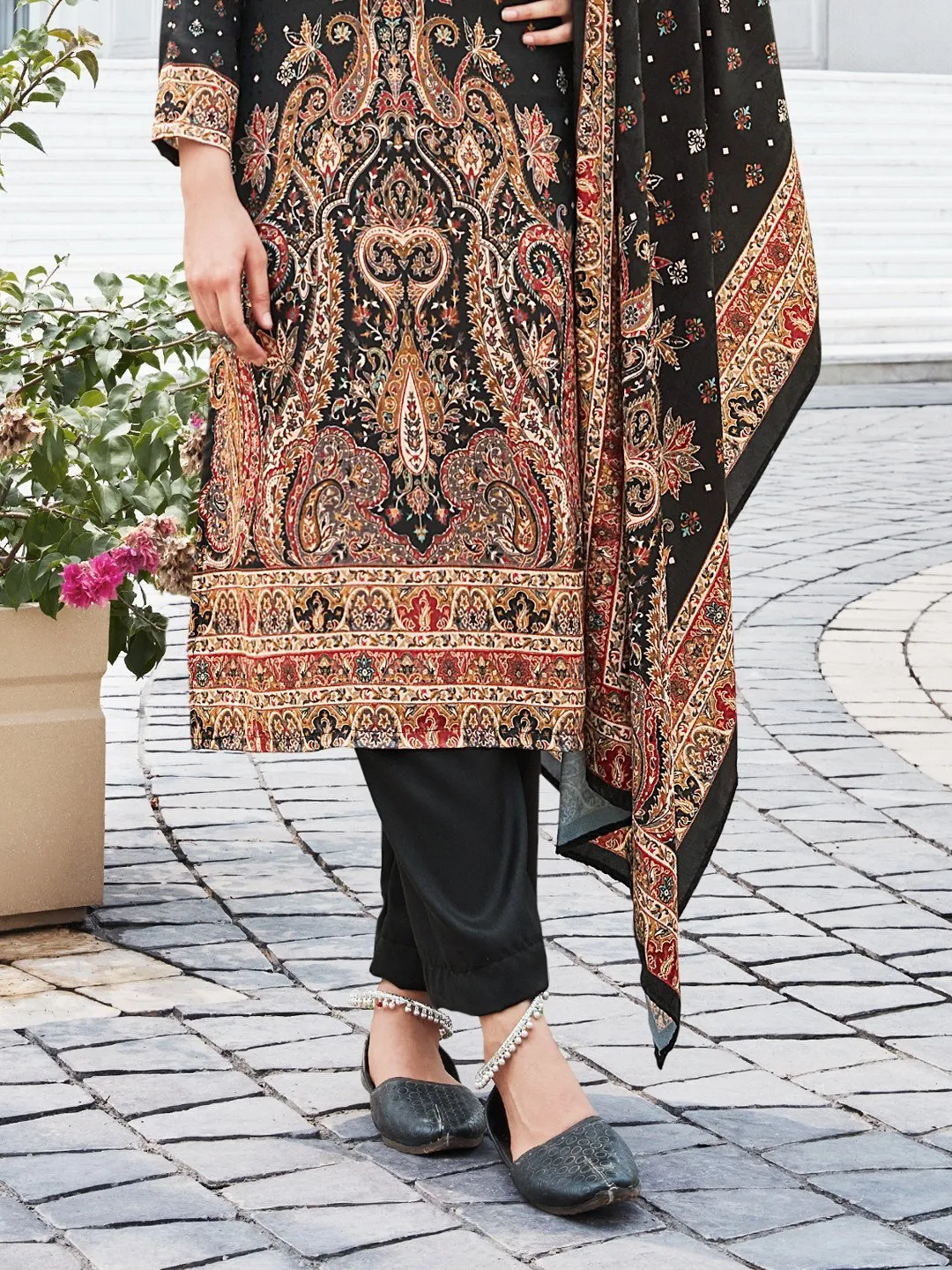 Woolen Pashmina Printed Unstitched Black Winter Suits